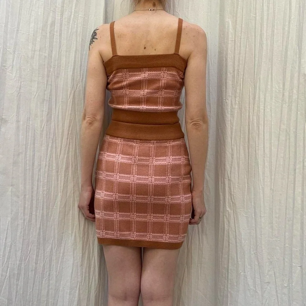 Pink and Tan Brown Plaid Tartan Knit Skirt Set- Cropped Tank Top and Skirt - Picture 3 of 8